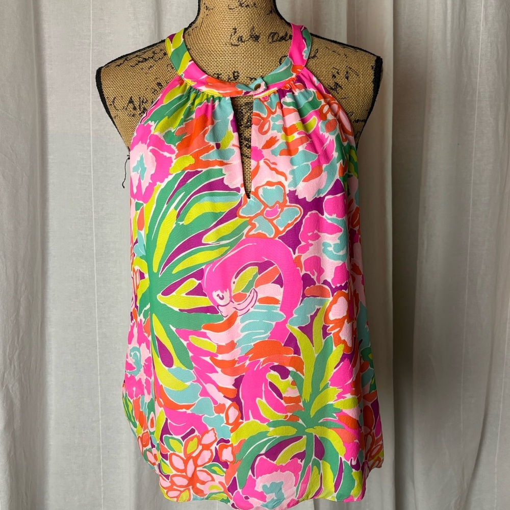 Lilly Pulitzer Rogan Silk Blouse Flamingo Sleeveless Size Medium Pink Lined